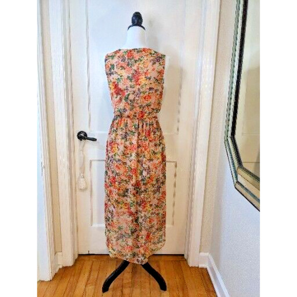 Y2K Chiffon Tapestry Slip Dress M Peach Floral Draped Pleats Hi-Lo Cottagecore - Picture 6 of 12